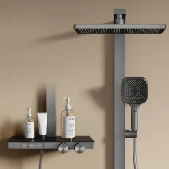 EMKE Duschsäule inkl. Thermostat mit Regenduschkopf 4 Strahlarten und Ablage Anthrazit Höhe 1050 mm