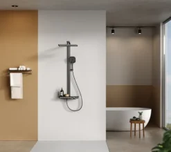 EMKE Duschsäule inkl. Thermostat mit Regenduschkopf 4 Strahlarten und Ablage Anthrazit Höhe 1050 mm