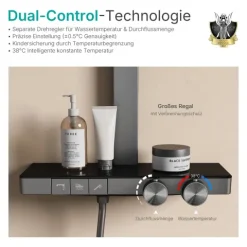 EMKE Duschsäule inkl. Thermostat mit Regenduschkopf 4 Strahlarten und Ablage Anthrazit Höhe 1050 mm