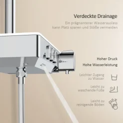 EMKE Duschsäule inkl. Thermostat höhenverstellbar Duschsystem Regendusche 30 cm Umsteller Duschstange mit Gleitstück Eckig Chrom