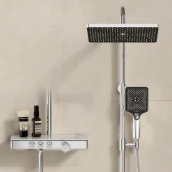EMKE Duschsäule inkl. Thermostat höhenverstellbar Duschsystem Regendusche 30 cm Umsteller Duschstange mit Gleitstück Eckig Chrom
