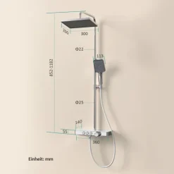 EMKE Duschsäule inkl. Thermostat höhenverstellbar Duschsystem Regendusche 30 cm Umsteller Duschstange mit Gleitstück Eckig Chrom
