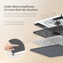 EMKE Duschsäule inkl. Thermostat höhenverstellbar Duschsystem Regendusche 30 cm Umsteller Duschstange mit Gleitstück Eckig Chrom