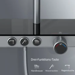 EMKE Duschsäule inkl. Thermostat höhenverstellbar Duschsystem Regendusche 30 cm Umsteller Duschstange mit Gleitstück Eckig Matt Anthrazit