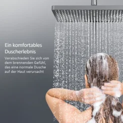 EMKE Duschsäule inkl. Thermostat höhenverstellbar Duschsystem Regendusche 30 cm Umsteller Duschstange mit Gleitstück Eckig Matt Anthrazit