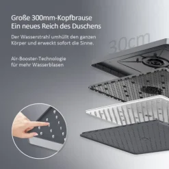 EMKE Duschsäule inkl. Thermostat höhenverstellbar Duschsystem Regendusche 30 cm Umsteller Duschstange mit Gleitstück Eckig Matt Anthrazit