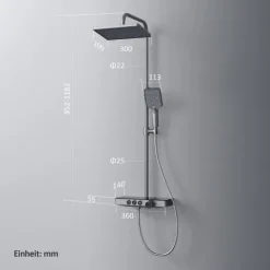 EMKE Duschsäule inkl. Thermostat höhenverstellbar Duschsystem Regendusche 30 cm Umsteller Duschstange mit Gleitstück Eckig Matt Anthrazit