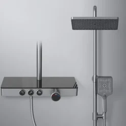 EMKE Duschsäule inkl. Thermostat höhenverstellbar Duschsystem Regendusche 30 cm Umsteller Duschstange mit Gleitstück Eckig Matt Anthrazit