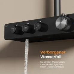 EMKE Duschsäule inkl. Umsteller mit Thermostatventil, Duschpaneel Edelstahl, Regendusche + Handbrause, Schwarz