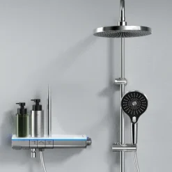EMKE Duschsäule inkl. Umsteller, Regendusche mit Thermostat, Umsteller, Ambientebeleuchtung hellblau, verchromt