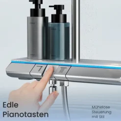 EMKE Duschsäule inkl. Umsteller, Regendusche mit Thermostat, Umsteller, Ambientebeleuchtung hellblau, verchromt