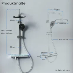 EMKE Duschsäule inkl. Umsteller, Regendusche mit Thermostat, Umsteller, Ambientebeleuchtung hellblau, verchromt