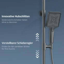 EMKE Duschsäule inkl. Umsteller Anthrazit, Duschsystem mit armatur, extra‑flache Kopfbrause, Badewannenarmatur, Edelstahl