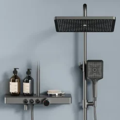 EMKE Duschsäule inkl. Umsteller Anthrazit, Duschsystem mit armatur, extra‑flache Kopfbrause, Badewannenarmatur, Edelstahl