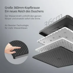EMKE Duschsystem Duschset mit Thermostat, extra‑flache Kopfbrause 36 cm, Handbrause 3 Strahlarten, 71 cm Ablage, Matt Schwarz