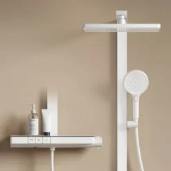 EMKE Duschsystem mit Thermostat Mattweiß Duscharmatur-Komplettset 3-Strahlarten-Duschkopf Chlorfilter mit 40 cm Ablagearmatur