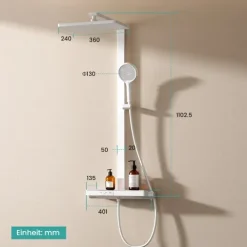 EMKE Duschsystem mit Thermostat Mattweiß Duscharmatur-Komplettset 3-Strahlarten-Duschkopf Chlorfilter mit 40 cm Ablagearmatur