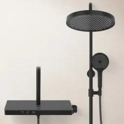 EMKE Duschsystem mit Thermostat Rund Schwarz 3-Wege-Umsteller Regendusche Ø 26 cm Handbrause Ø 13 cm