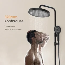 EMKE Duschsystem mit Thermostat Rund Schwarz 3-Wege-Umsteller Regendusche Ø 26 cm Handbrause Ø 13 cm