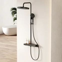 EMKE Duschsystem mit Thermostat Rund Schwarz 3-Wege-Umsteller Regendusche Ø 26 cm Handbrause Ø 13 cm