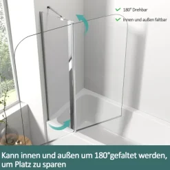 EMKE Duschwand für Badewanne 100 x 140 cm Badewannenaufsatz schwenkbar 6 mm ESG Sicherheitsglas NANO-Beschichtung Chrom