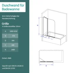 EMKE Duschwand für Badewanne 100 x 140 cm Badewannenaufsatz schwenkbar 6 mm ESG Sicherheitsglas NANO-Beschichtung Chrom