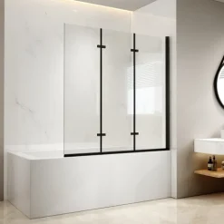 EMKE Duschwand für Badewanne Schwarz 120 x 140 cm 3-teilig Badewannenaufsatz Faltbare 6 mm ESG Sicherheitsglas NANO-Beschichtung