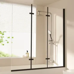 EMKE Duschwand für Badewanne Schwarz 120 x 140 cm 3-teilig Badewannenaufsatz Faltbare 6 mm ESG Sicherheitsglas NANO-Beschichtung