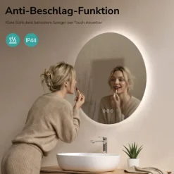 EMKE LED Badspiegel Ø 70 cm, 3 Lichtfarben, LED-Hintergrundbeleuchtung, Touchschalter, Anti-Beschlag