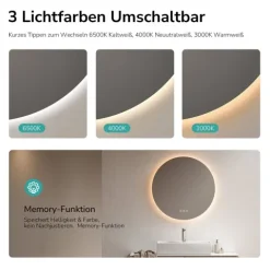EMKE LED Badspiegel Ø 70 cm, 3 Lichtfarben, LED-Hintergrundbeleuchtung, Touchschalter, Anti-Beschlag