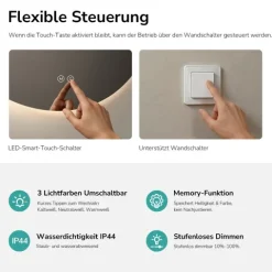 EMKE LED Badspiegel Ø 60 cm, Badezimmerspiegel 3 Lichtfarben, LED-Hintergrundbeleuchtung, dimmbar, Touchschalter