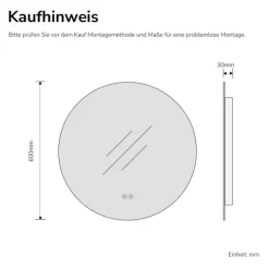 EMKE LED Badspiegel Ø 60 cm, Badezimmerspiegel 3 Lichtfarben, LED-Hintergrundbeleuchtung, dimmbar, Touchschalter