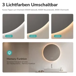 EMKE LED Badspiegel Ø 50 cm, Badezimmerspiegel 3 Lichtfarben, LED-Hintergrundbeleuchtung, Touchschalter, Anti-Beschlag