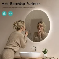EMKE LED Badspiegel Ø 60 cm, Badezimmerspiegel 3 Lichtfarben, LED-Hintergrundbeleuchtung, Touchschalter, Anti-Beschlag