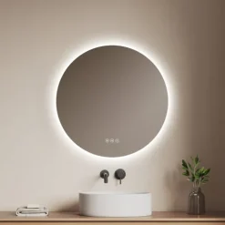 EMKE LED Badspiegel Ø 60 cm, Badezimmerspiegel 3 Lichtfarben, LED-Hintergrundbeleuchtung, Touchschalter, Anti-Beschlag