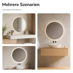EMKE LED Badspiegel Ø 60 cm, Badezimmerspiegel 3 Lichtfarben, LED-Hintergrundbeleuchtung, Touchschalter, Anti-Beschlag