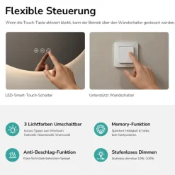 EMKE LED Badspiegel Ø 60 cm, Badezimmerspiegel 3 Lichtfarben, LED-Hintergrundbeleuchtung, Touchschalter, Anti-Beschlag