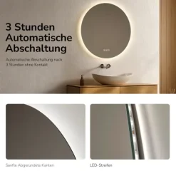 EMKE LED Badspiegel Ø 60 cm, Badezimmerspiegel 3 Lichtfarben, LED-Hintergrundbeleuchtung, Touchschalter, Anti-Beschlag