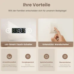 EMKE LED Badspiegel 100 x 60 cm, 3 Lichtfarben einstellbar, mit LED-Uhr & Kosmetikspiegel