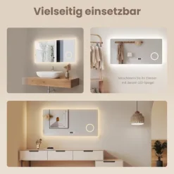 EMKE LED Badspiegel 100 x 60 cm, 3 Lichtfarben einstellbar, mit LED-Uhr & Kosmetikspiegel