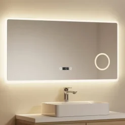 EMKE LED Badspiegel 100 x 60 cm, 3 Lichtfarben einstellbar, mit LED-Uhr & Kosmetikspiegel