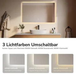 EMKE LED Badspiegel 100 x 60 cm mit Beleuchtung Wandspiegel mit 3 Lichtfarben Touch-Schalter