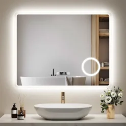 EMKE LED Badspiegel 90 x 70 cm, Kaltweiß dimmbar, mit Anti-Beschlag, LED-Uhr & Kosmetikspiegel