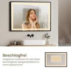EMKE LED Badspiegel 120 x 70 cm mit schwarzer Metallrahmen, Kaltweiß, Touchsensor, Antibeschlag, LCD-Uhr
