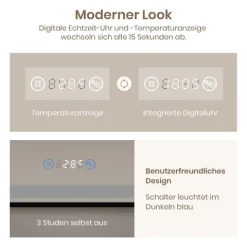 EMKE LED Badspiegel 120 x 70 cm mit schwarzer Metallrahmen, Kaltweiß, Touchsensor, Antibeschlag, LCD-Uhr