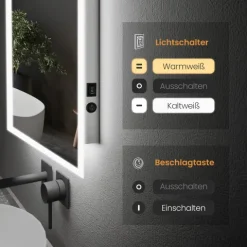 EMKE LED Badspiegel 120 x 60 cm mit Kippschalter & Anti-Beschlag Warmweiß/Kaltweiß