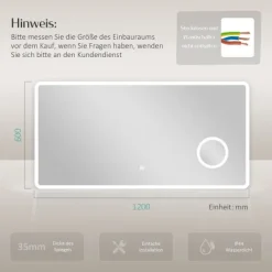 EMKE LED Badspiegel 120 x 60 cm mit Kosmetikspiegel, Kaltweiß dimmbar
