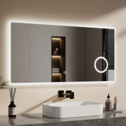 EMKE LED Badspiegel 120 x 60 cm mit Kosmetikspiegel, Kaltweiß dimmbar