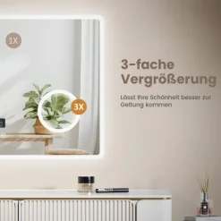 EMKE LED Badspiegel 80 x 60 cm, 3 Lichtfarben einstellbar, mit Anti-Beschlag, Bluetooth-Lautsprecher, LED-Uhr & Kosmetikspiegel