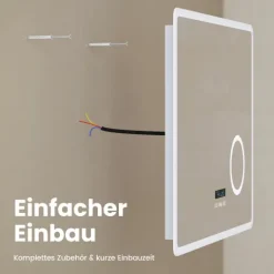 EMKE LED Badspiegel 80 x 60 cm, 3 Lichtfarben einstellbar, mit Anti-Beschlag, Bluetooth-Lautsprecher, LED-Uhr & Kosmetikspiegel